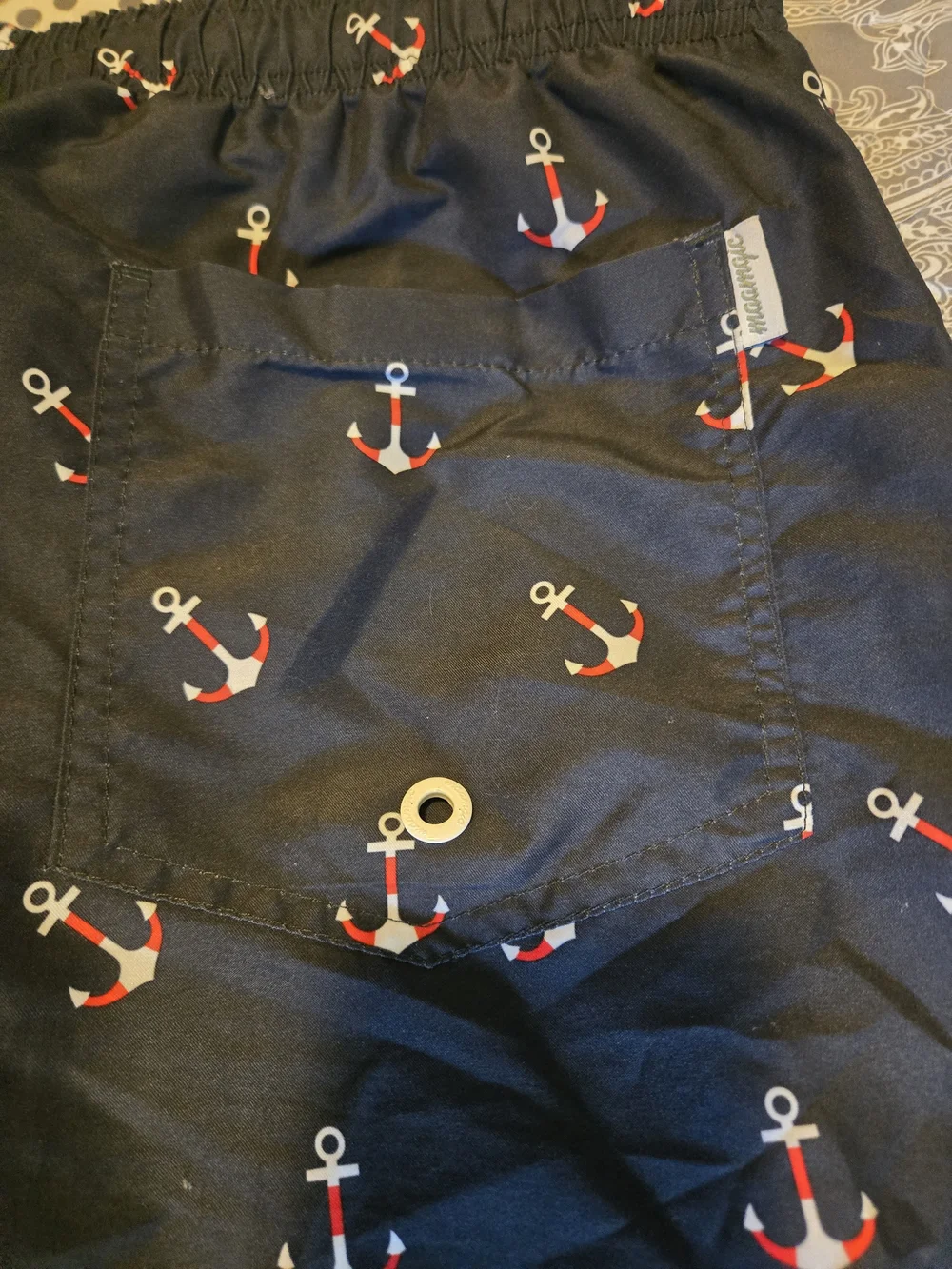 Men's Anchor Print Navy and Blue Palm Tree Board Swim Shorts - Size Medium